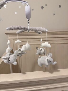 Plush Elephant Baby Mobile - Soft Gray & White